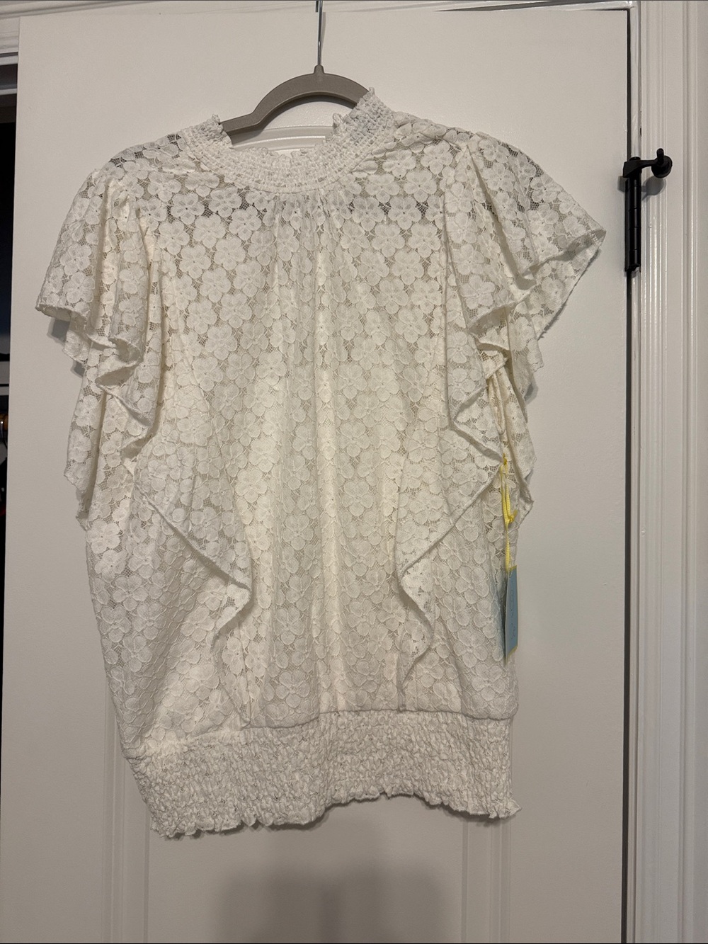 CeCe Ivory Lace Ruffle Sleeve Smocked Top